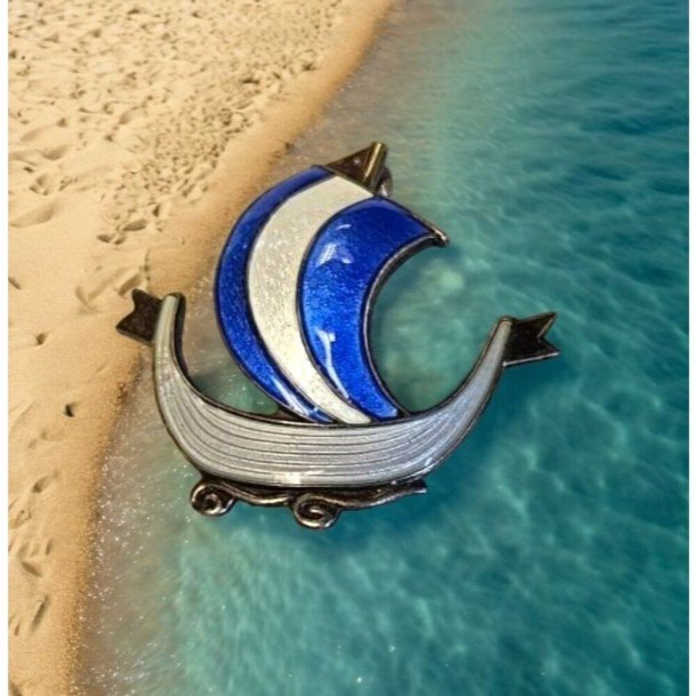 Aksel Holmsen Enamel Viking Long Boat Brooch Sterling Silver Vintage Norway